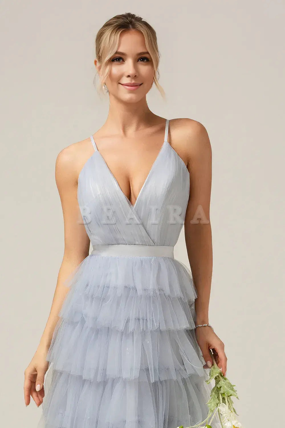 Beaira Dusty Blue A-Line Spaghetti Straps Tiered Long Tulle Maxi Dress Bridesmaid dress shop