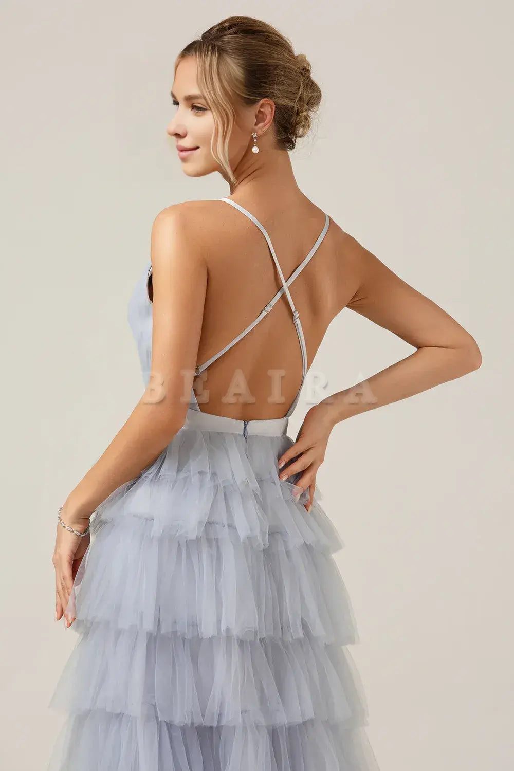 Beaira Dusty Blue A-Line Spaghetti Straps Tiered Long Tulle Maxi Dress Bridesmaid dress shop