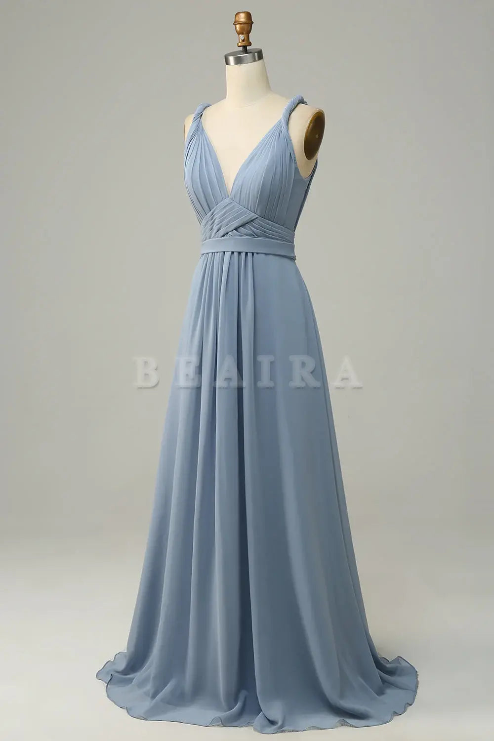 Beaira Dusty Blue A Line Deep V Neck Chiffon Bridesmaid Dress Bridesmaid dress shop