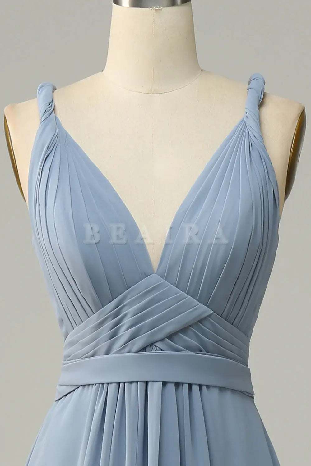 Beaira Dusty Blue A Line Deep V Neck Chiffon Bridesmaid Dress Bridesmaid dress shop