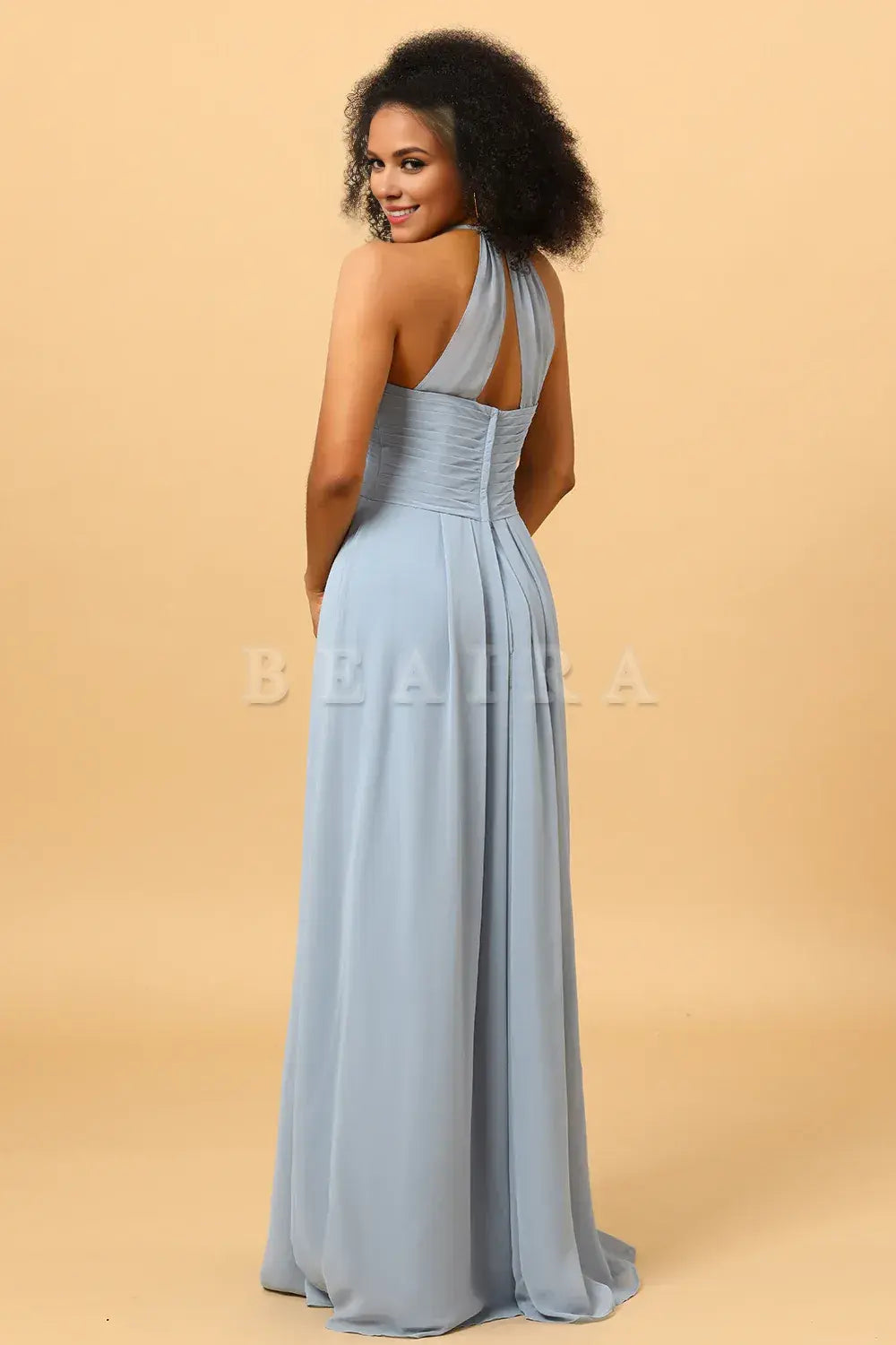 Beaira Dusty Blue Sheath Halter Open Back Long Chiffon Bridesmaid Dress Bridesmaid dress shop
