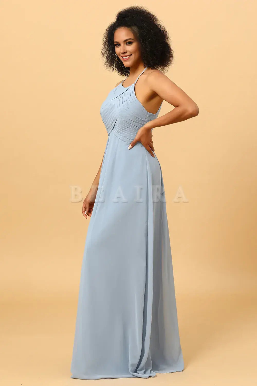 Beaira Dusty Blue Sheath Halter Open Back Long Chiffon Bridesmaid Dress Bridesmaid dress shop