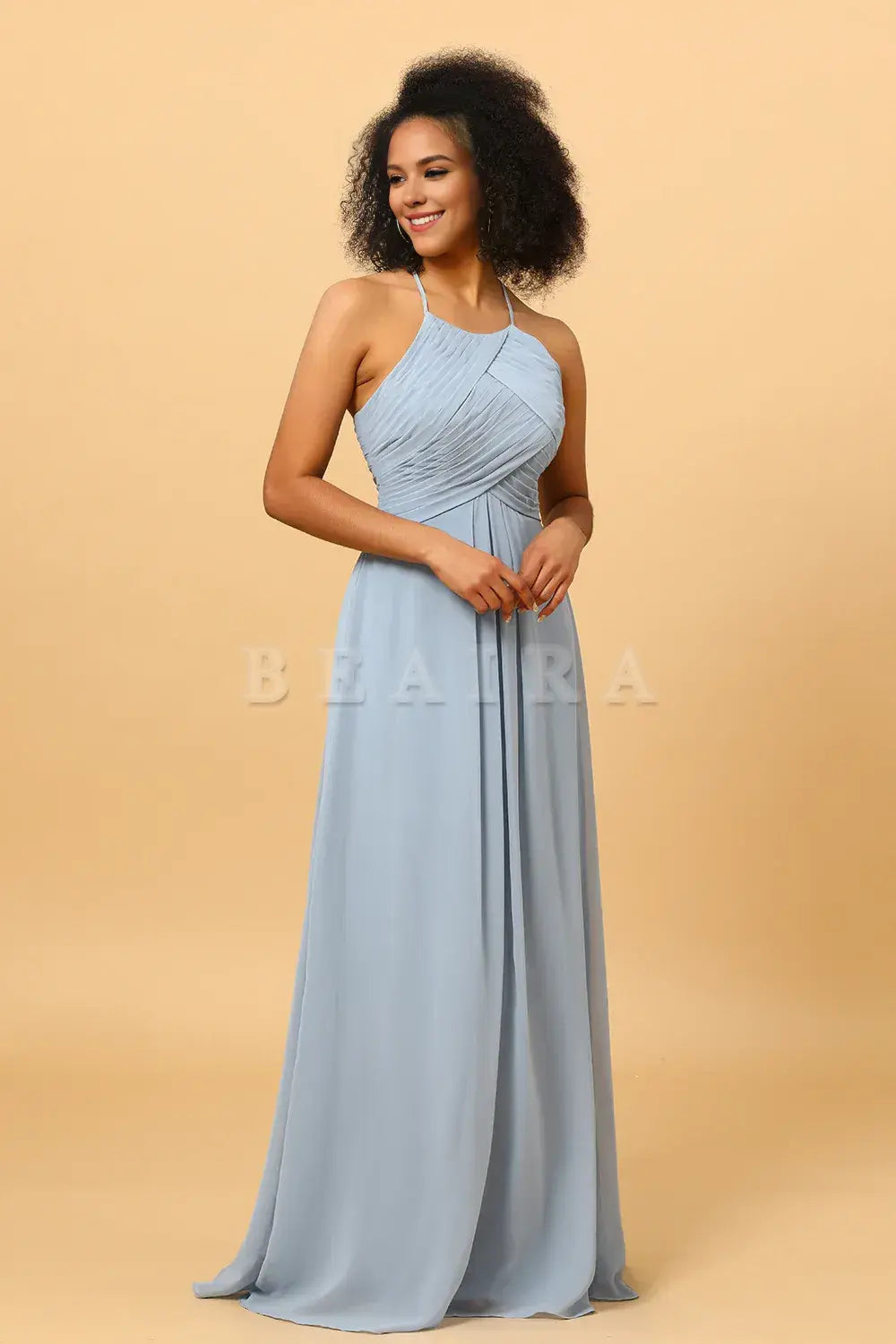 Beaira Dusty Blue Sheath Halter Open Back Long Chiffon Bridesmaid Dress Bridesmaid dress shop