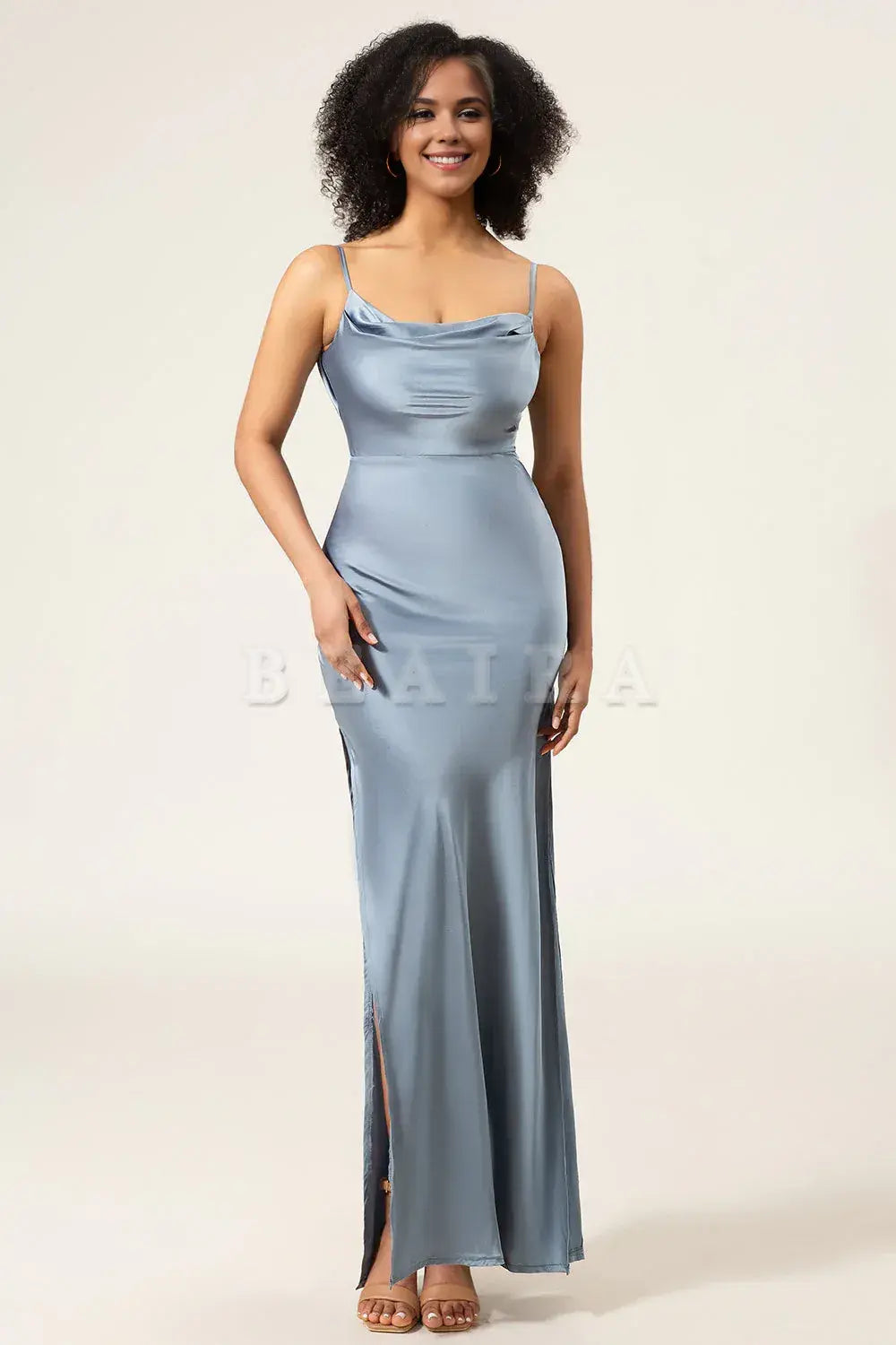 Beaira Dusty Blue Sheath Spaghetti Straps Cowl Neck Satin Long Bridesmaid Dress Bridesmaid dress shop