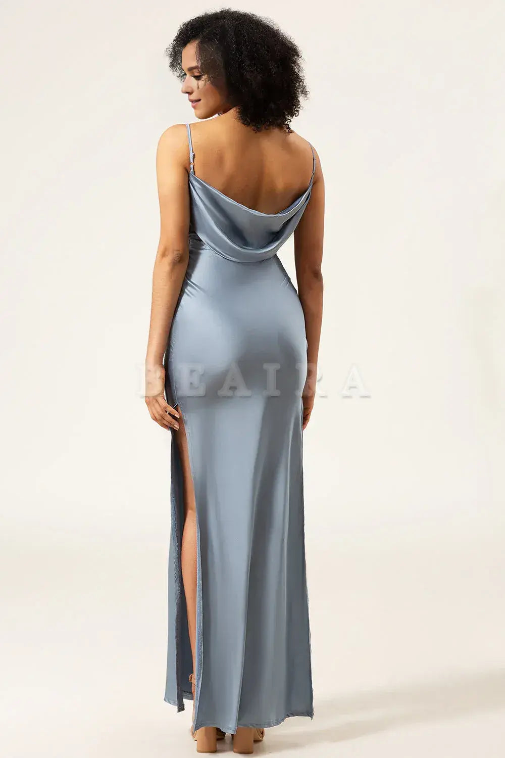 Beaira Dusty Blue Sheath Spaghetti Straps Cowl Neck Satin Long Bridesmaid Dress Bridesmaid dress shop