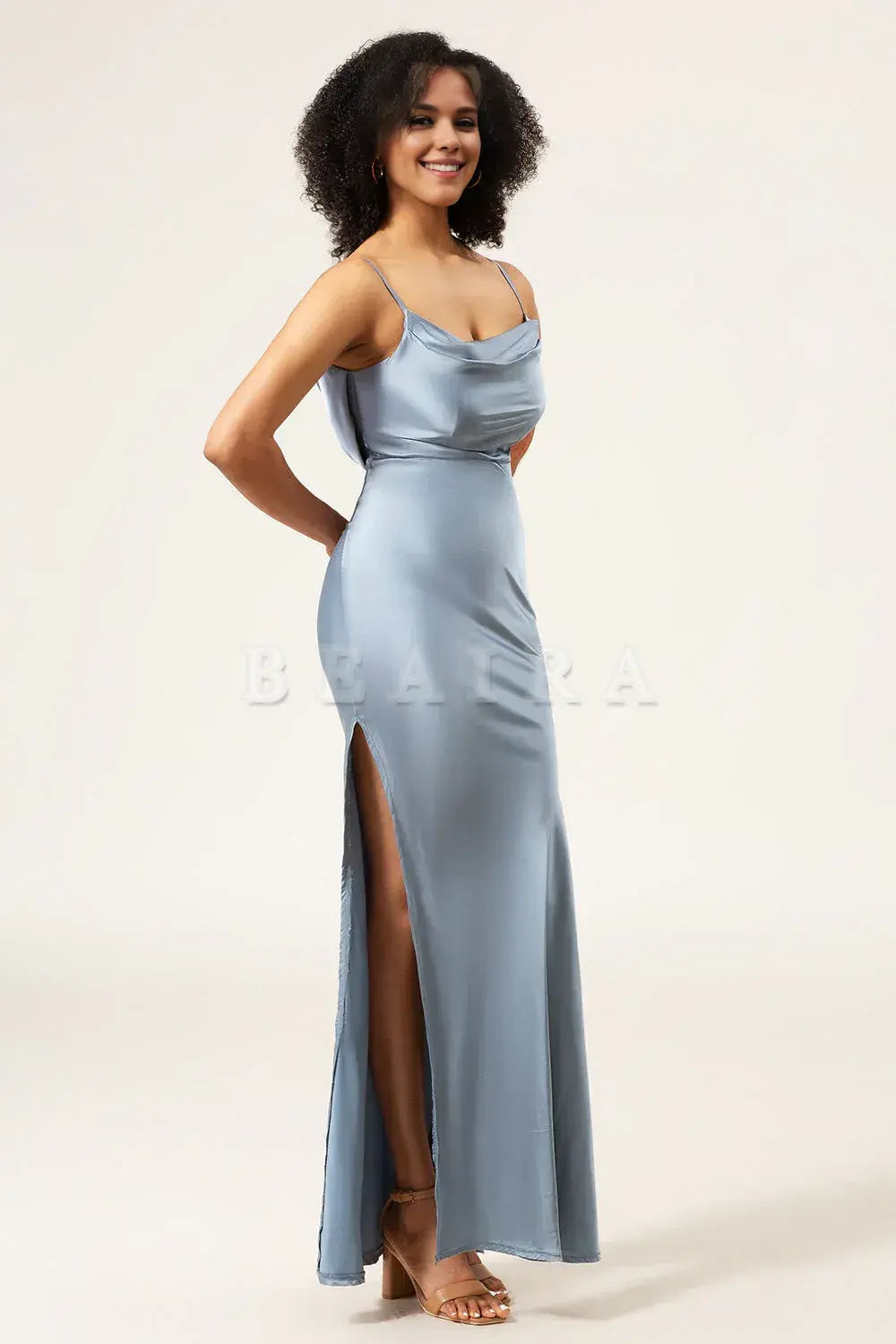 Beaira Dusty Blue Sheath Spaghetti Straps Cowl Neck Satin Long Bridesmaid Dress Bridesmaid dress shop
