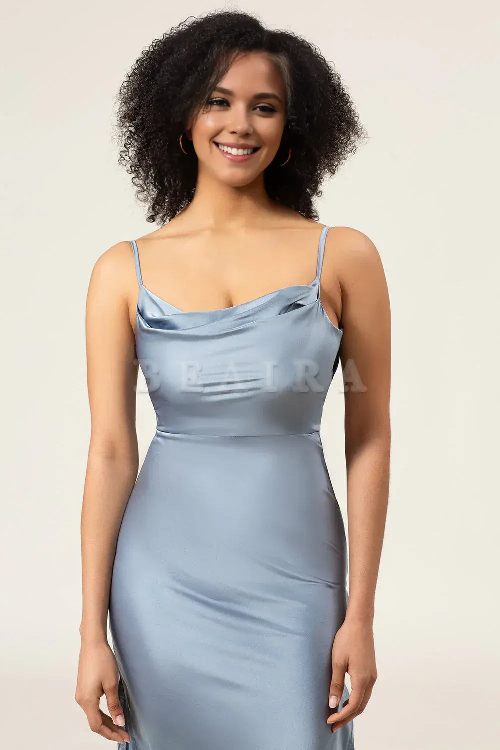 Beaira Dusty Blue Sheath Spaghetti Straps Cowl Neck Satin Long Bridesmaid Dress Bridesmaid dress shop