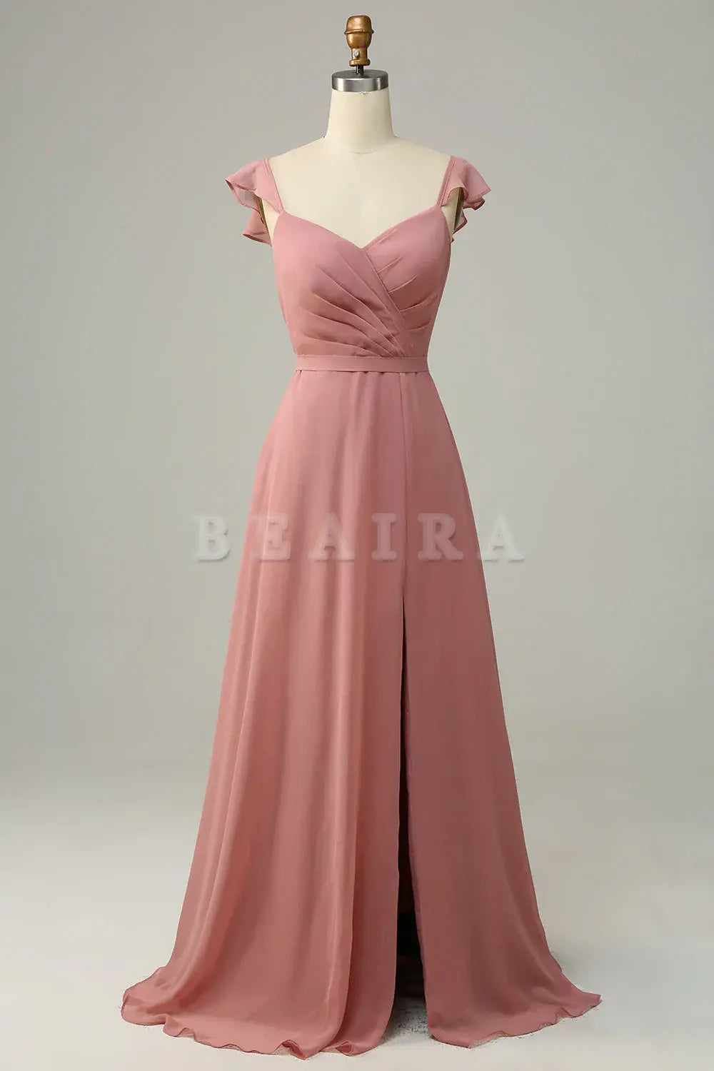 Beaira Dusty Rose A Line Ruffles Long Chiffon Bridesmaid Dress With Slit Bridesmaid dress shop