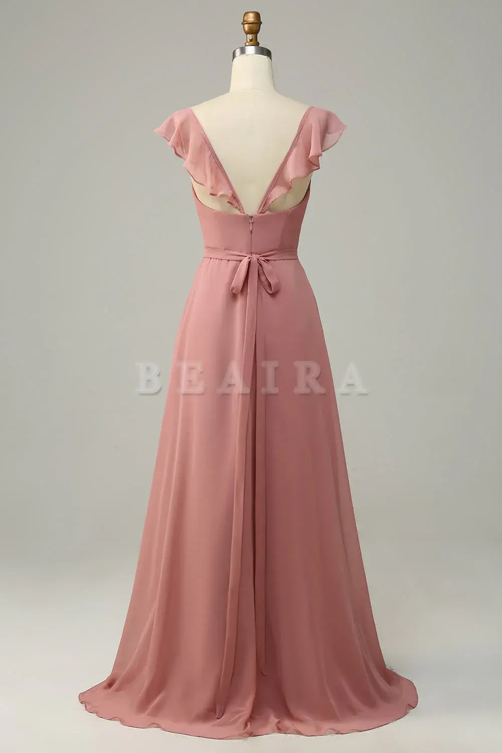 Beaira Dusty Rose A Line Ruffles Long Chiffon Bridesmaid Dress With Slit Bridesmaid dress shop