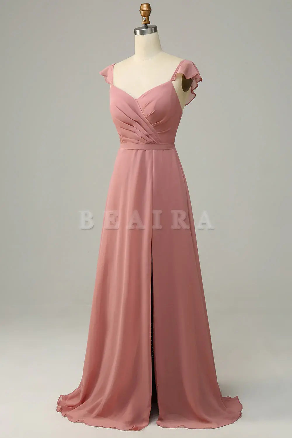 Beaira Dusty Rose A Line Ruffles Long Chiffon Bridesmaid Dress With Slit Bridesmaid dress shop