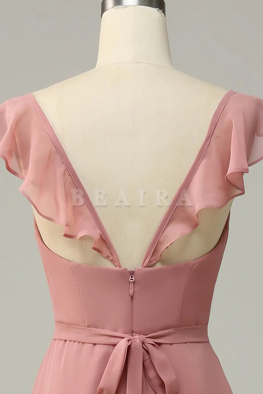 Beaira Dusty Rose A Line Ruffles Long Chiffon Bridesmaid Dress With Slit Bridesmaid dress shop