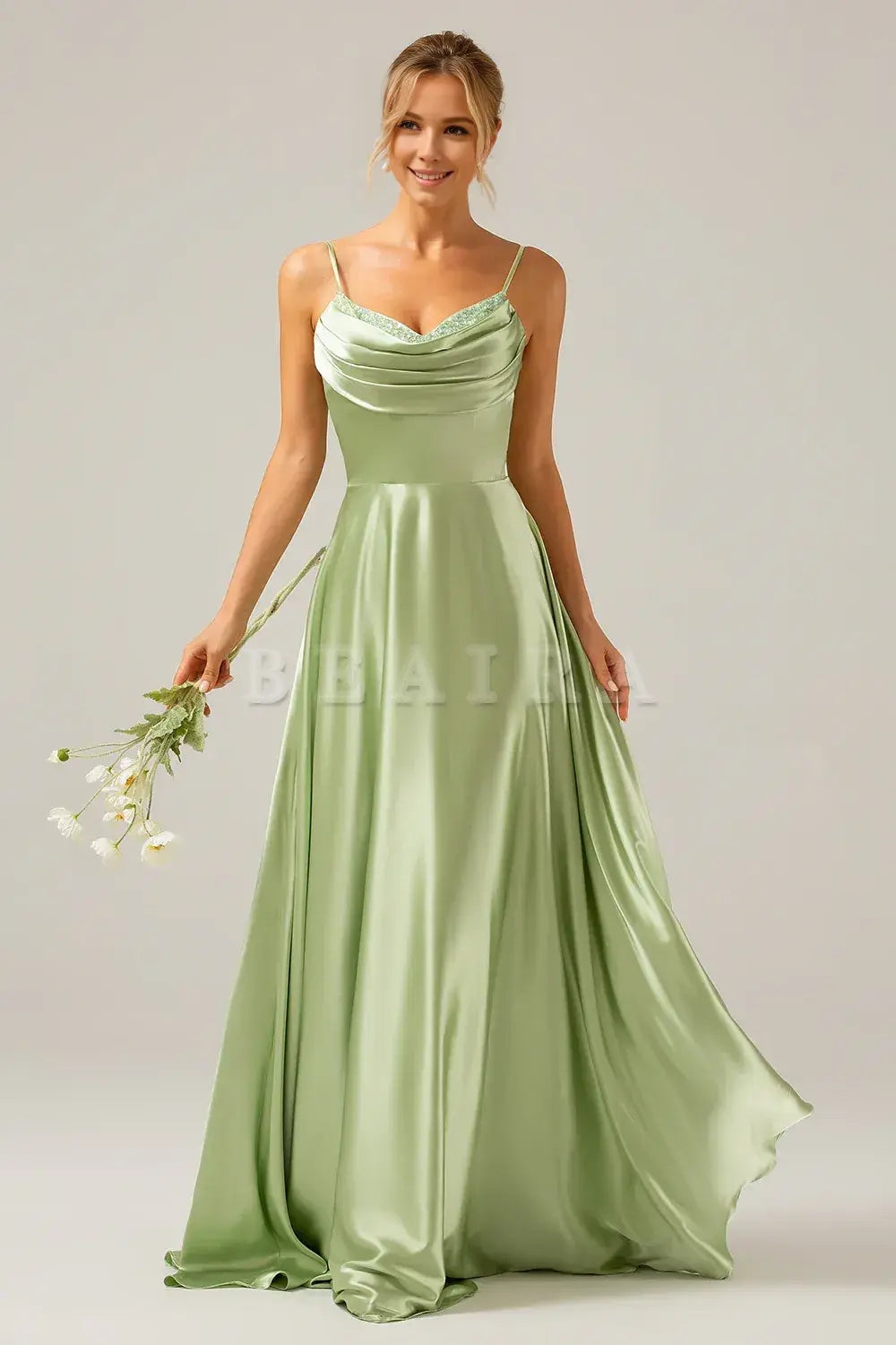 Beaira Dusty Sage A-Line Cowl Neck Spaghetti Straps Bridesmaid Dress With Sequins Bridesmaid dress shop