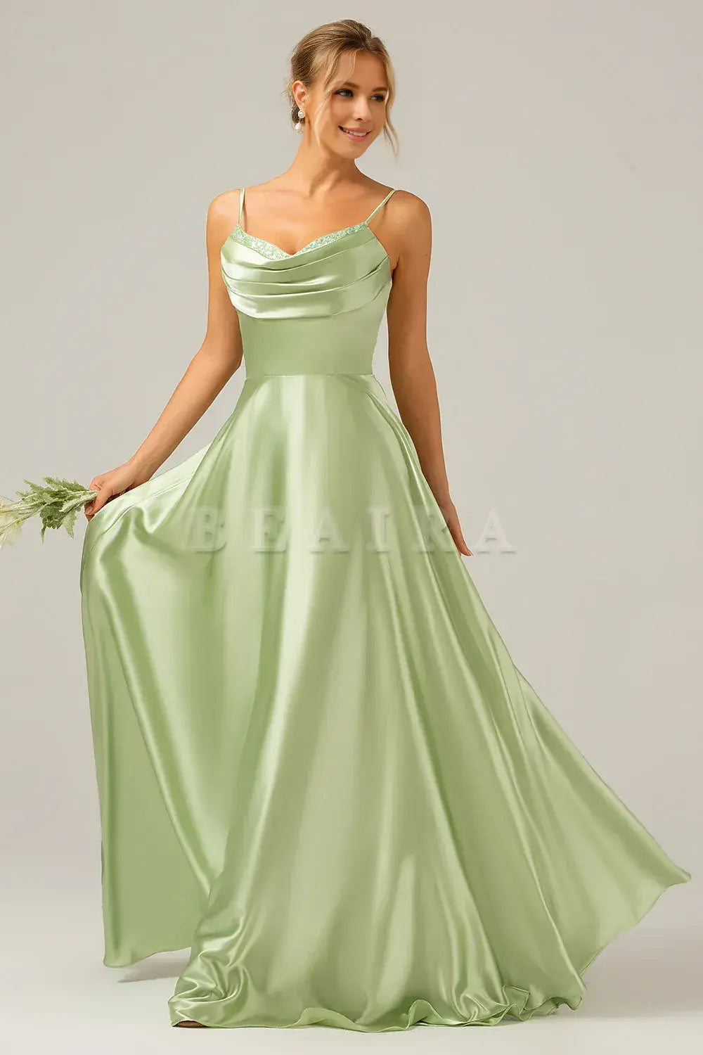 Beaira Dusty Sage A-Line Cowl Neck Spaghetti Straps Bridesmaid Dress With Sequins Bridesmaid dress shop
