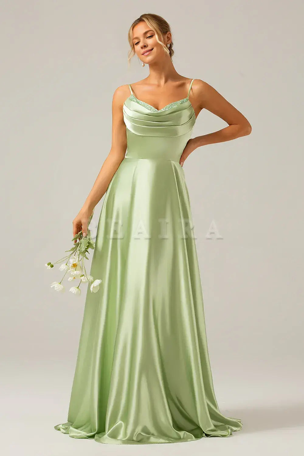 Beaira Dusty Sage A-Line Cowl Neck Spaghetti Straps Bridesmaid Dress With Sequins Bridesmaid dress shop