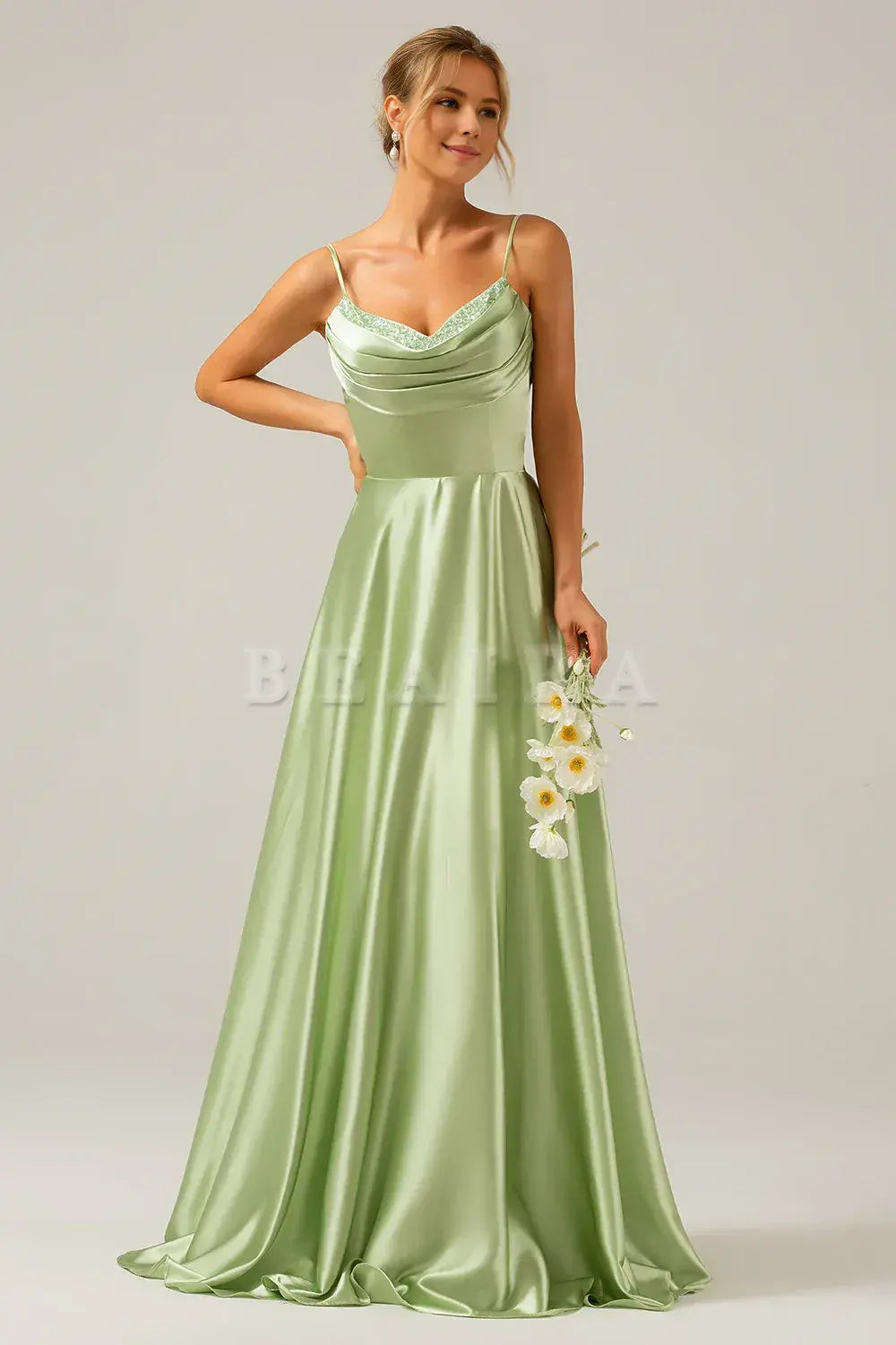 Beaira Dusty Sage A-Line Cowl Neck Spaghetti Straps Bridesmaid Dress With Sequins Bridesmaid dress shop