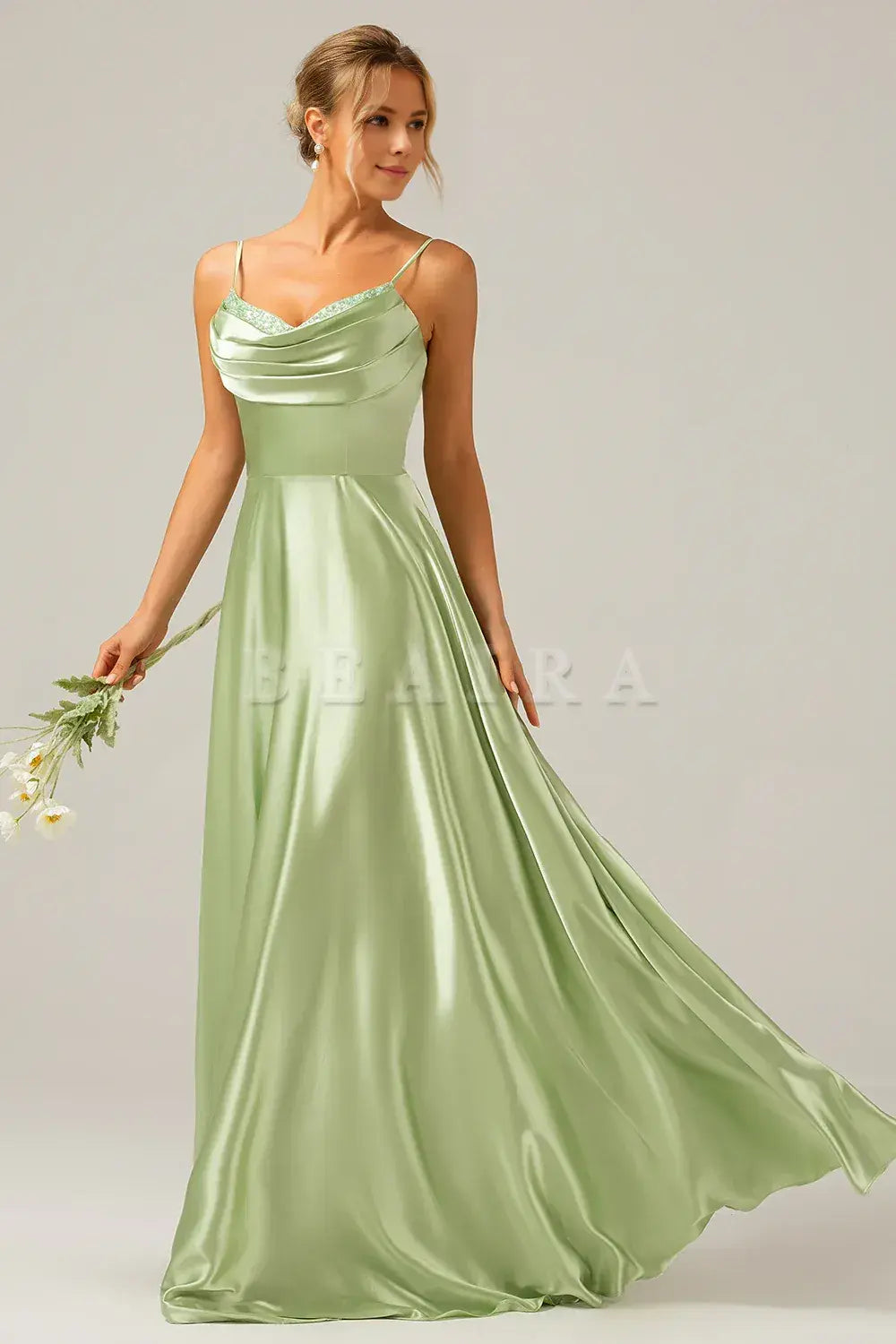 Beaira Dusty Sage A-Line Cowl Neck Spaghetti Straps Bridesmaid Dress With Sequins Bridesmaid dress shop
