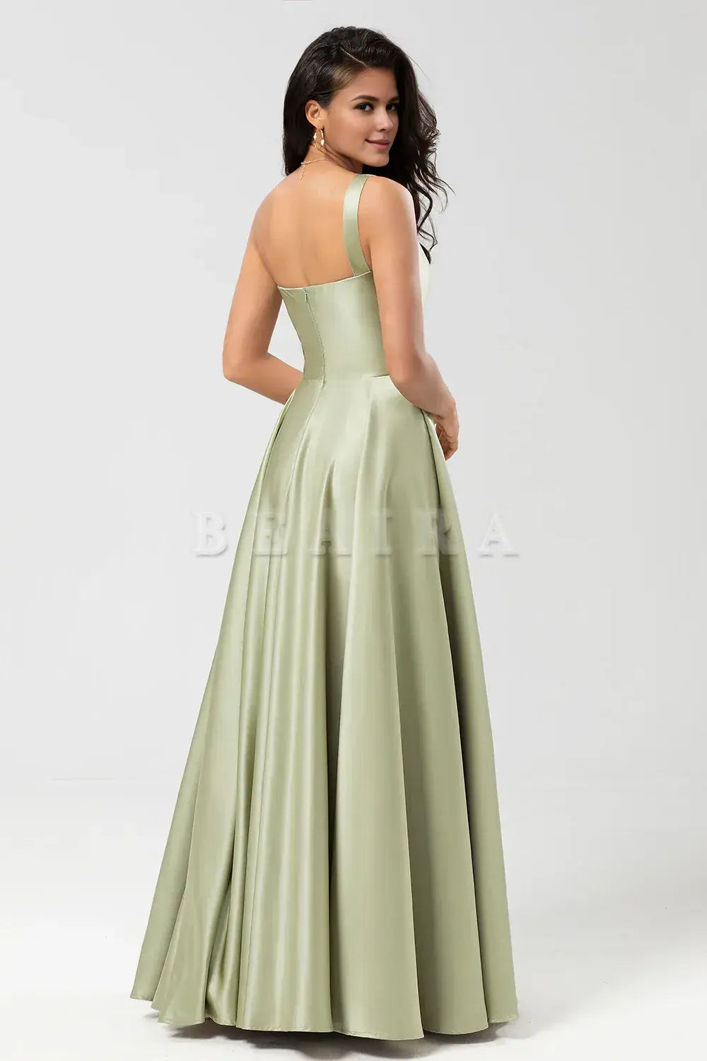 Beaira Dusty Sage A-Line One Shoulder Ruched Satin Bridesmaid Dress with Pocket Bridesmaid dress shop