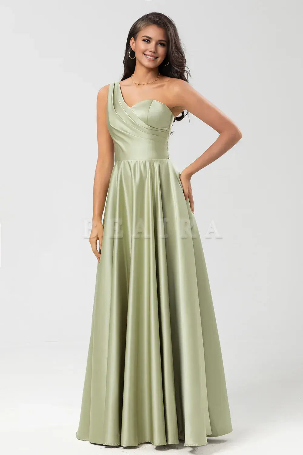 Beaira Dusty Sage A-Line One Shoulder Ruched Satin Bridesmaid Dress with Pocket Bridesmaid dress shop