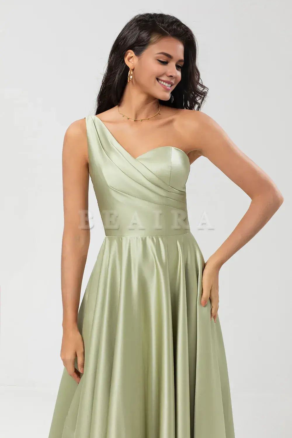 Beaira Dusty Sage A-Line One Shoulder Ruched Satin Bridesmaid Dress with Pocket Bridesmaid dress shop