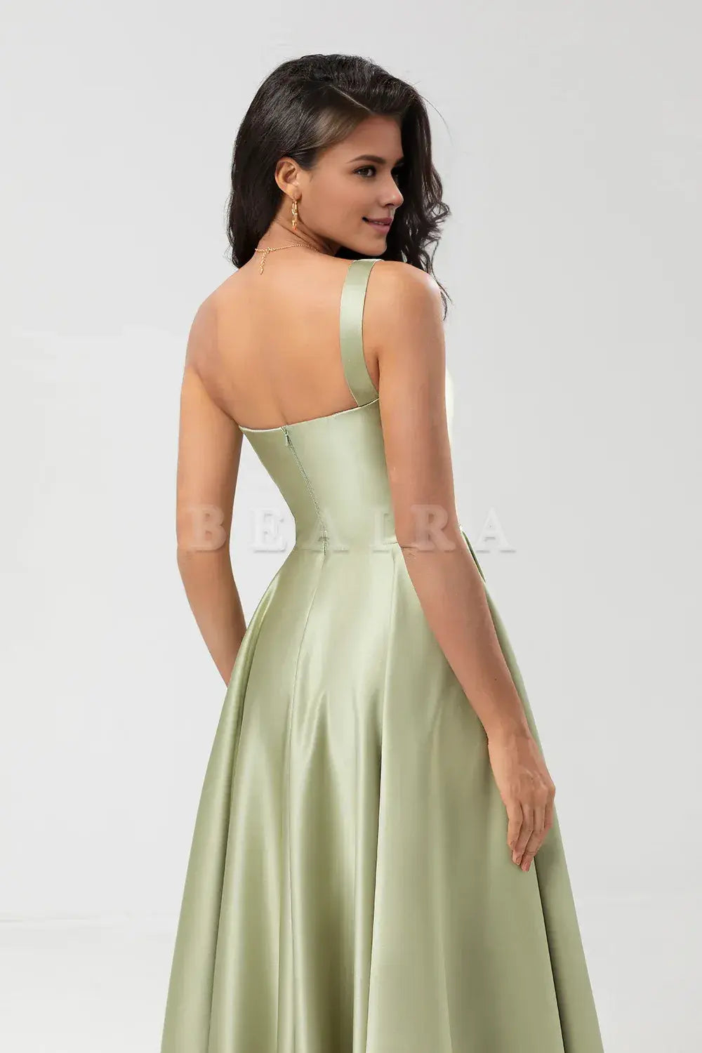Beaira Dusty Sage A-Line One Shoulder Ruched Satin Bridesmaid Dress with Pocket Bridesmaid dress shop