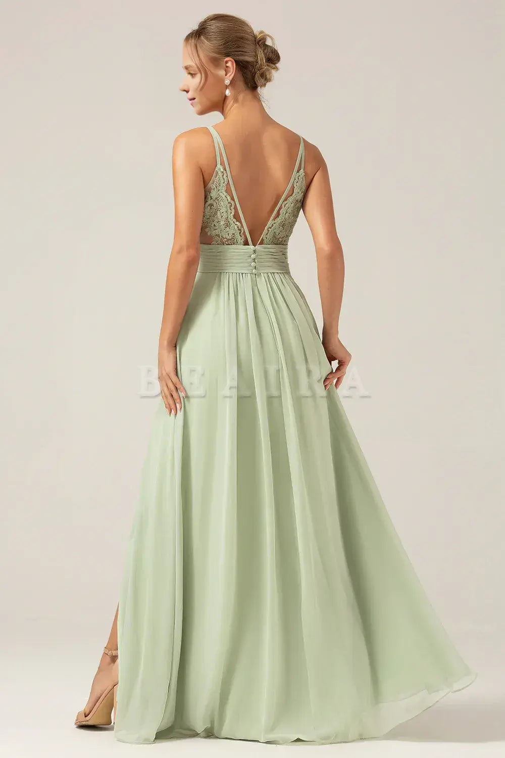 Beaira Dusty Sage A-Line Spaghetti Straps Pleated Chiffon Maternity Bridesmaid Dress With Slit Bridesmaid dress shop