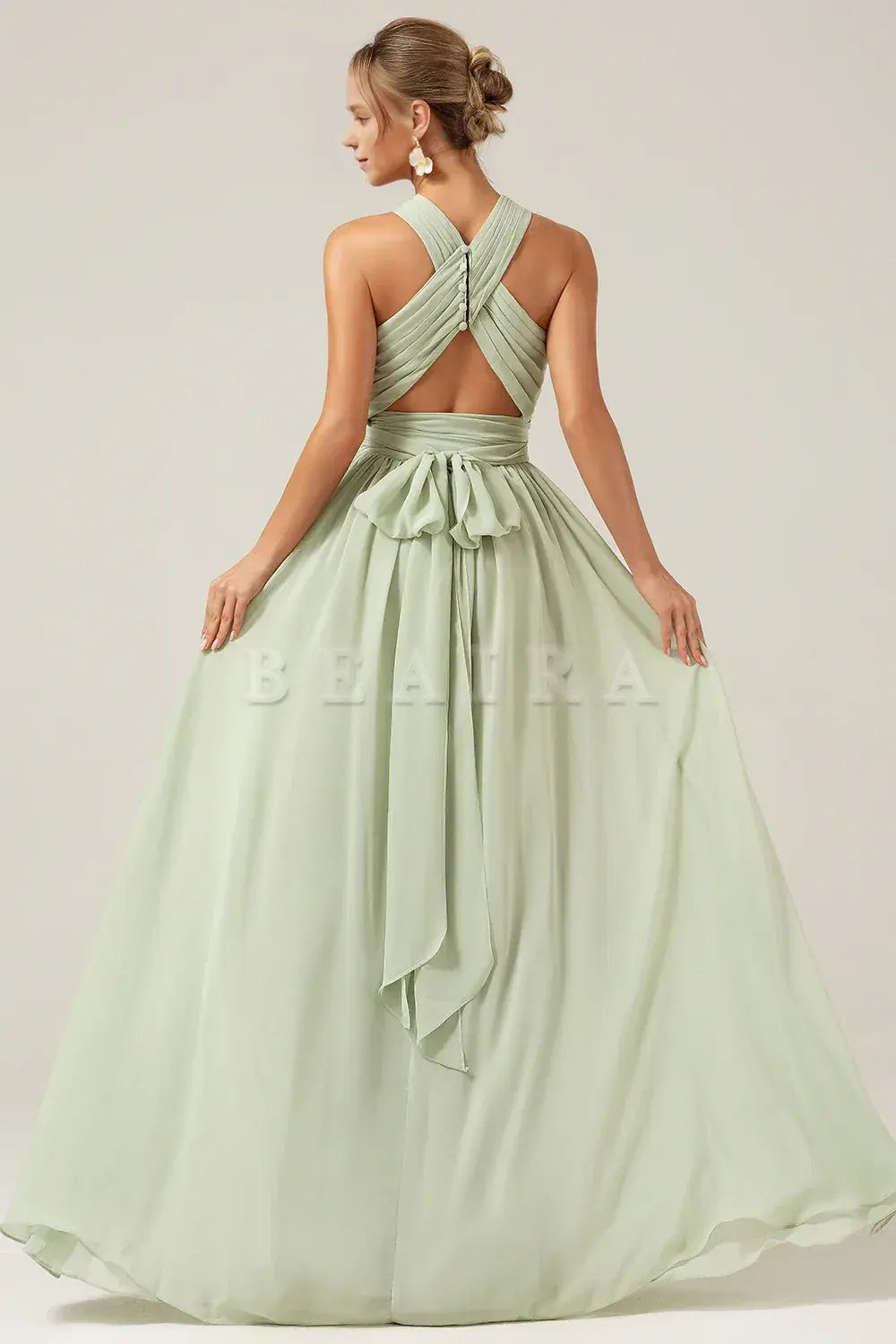 Beaira Dusty Sage A Line Halter Pleated Long Maternity Bridesmaid Dress Bridesmaid dress shop