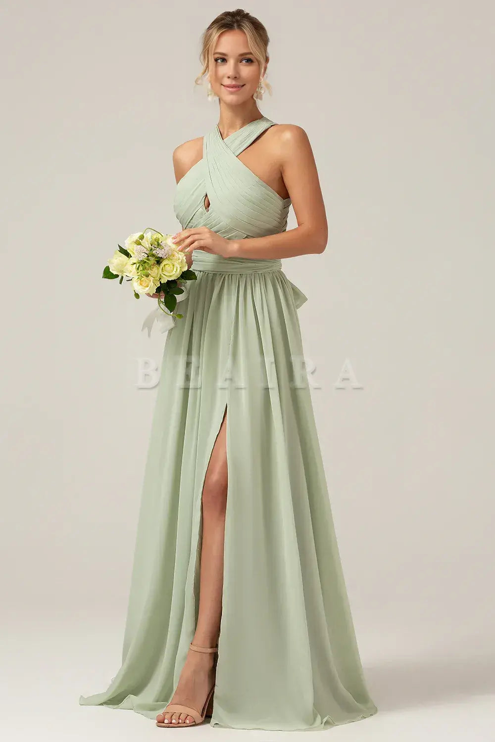 Beaira Dusty Sage A Line Halter Pleated Long Maternity Bridesmaid Dress Bridesmaid dress shop