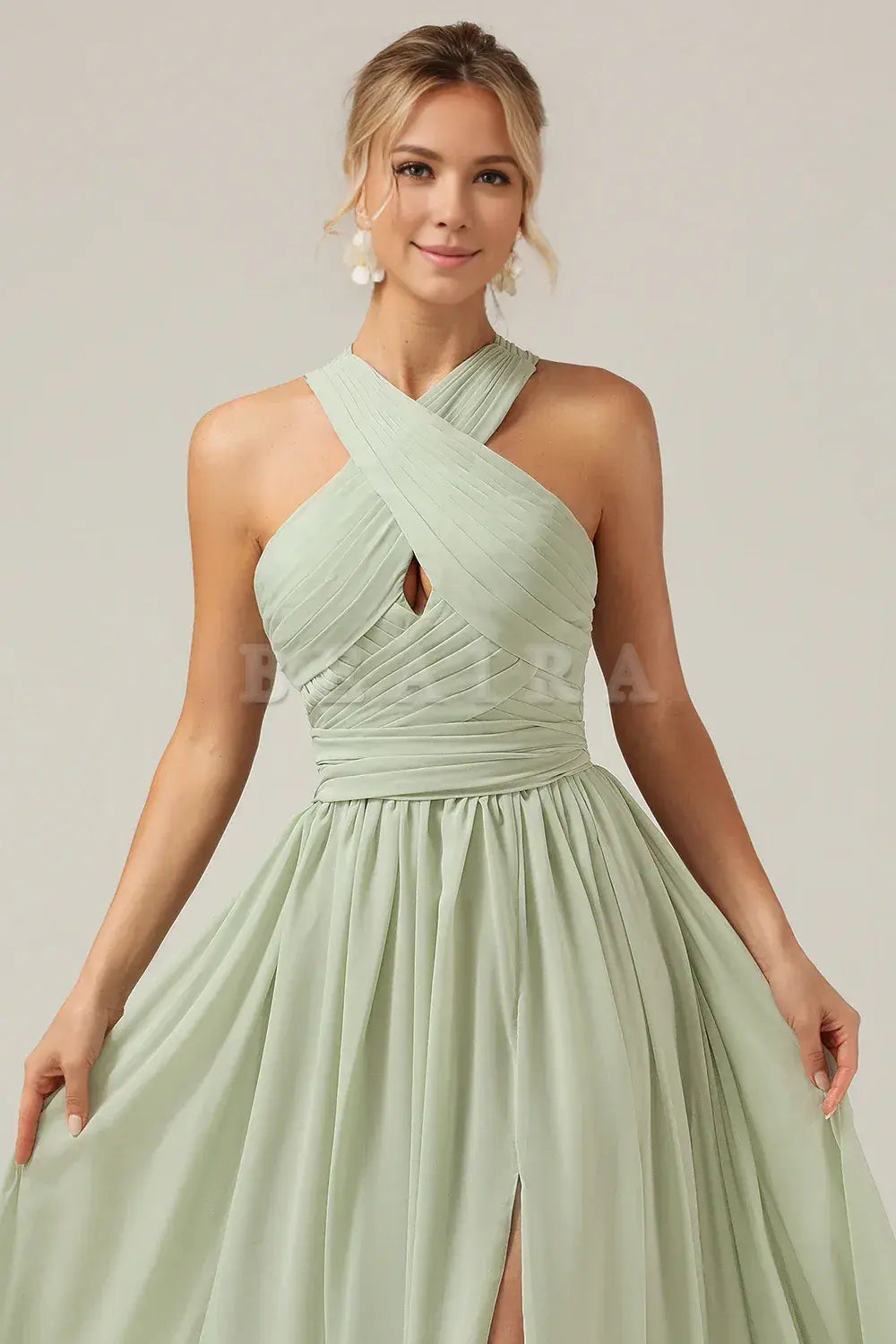 Beaira Dusty Sage A Line Halter Pleated Long Maternity Bridesmaid Dress Bridesmaid dress shop