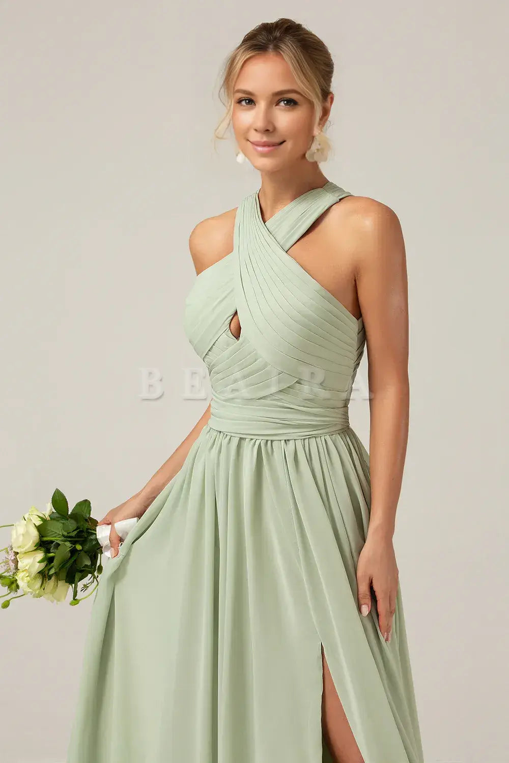 Beaira Dusty Sage A Line Halter Pleated Long Maternity Bridesmaid Dress Bridesmaid dress shop