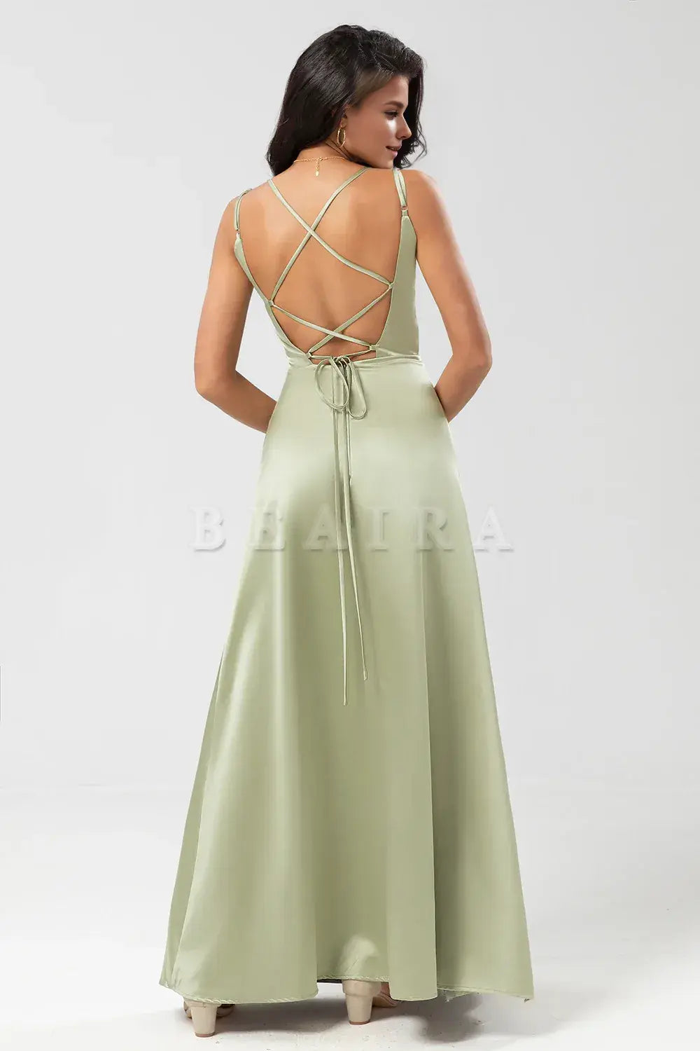 Beaira Dusty Sage A Line Spaghetti Straps Floor-Length Satin Bridesmaid Dress with Slit Bridesmaid dress shop