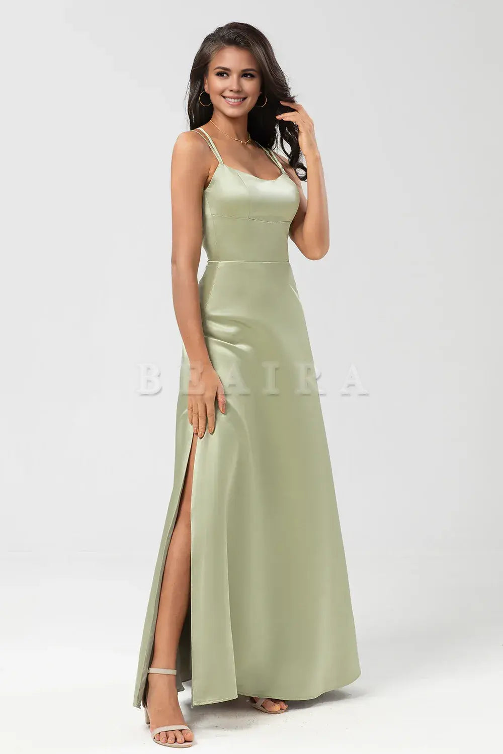 Beaira Dusty Sage A Line Spaghetti Straps Floor-Length Satin Bridesmaid Dress with Slit Bridesmaid dress shop