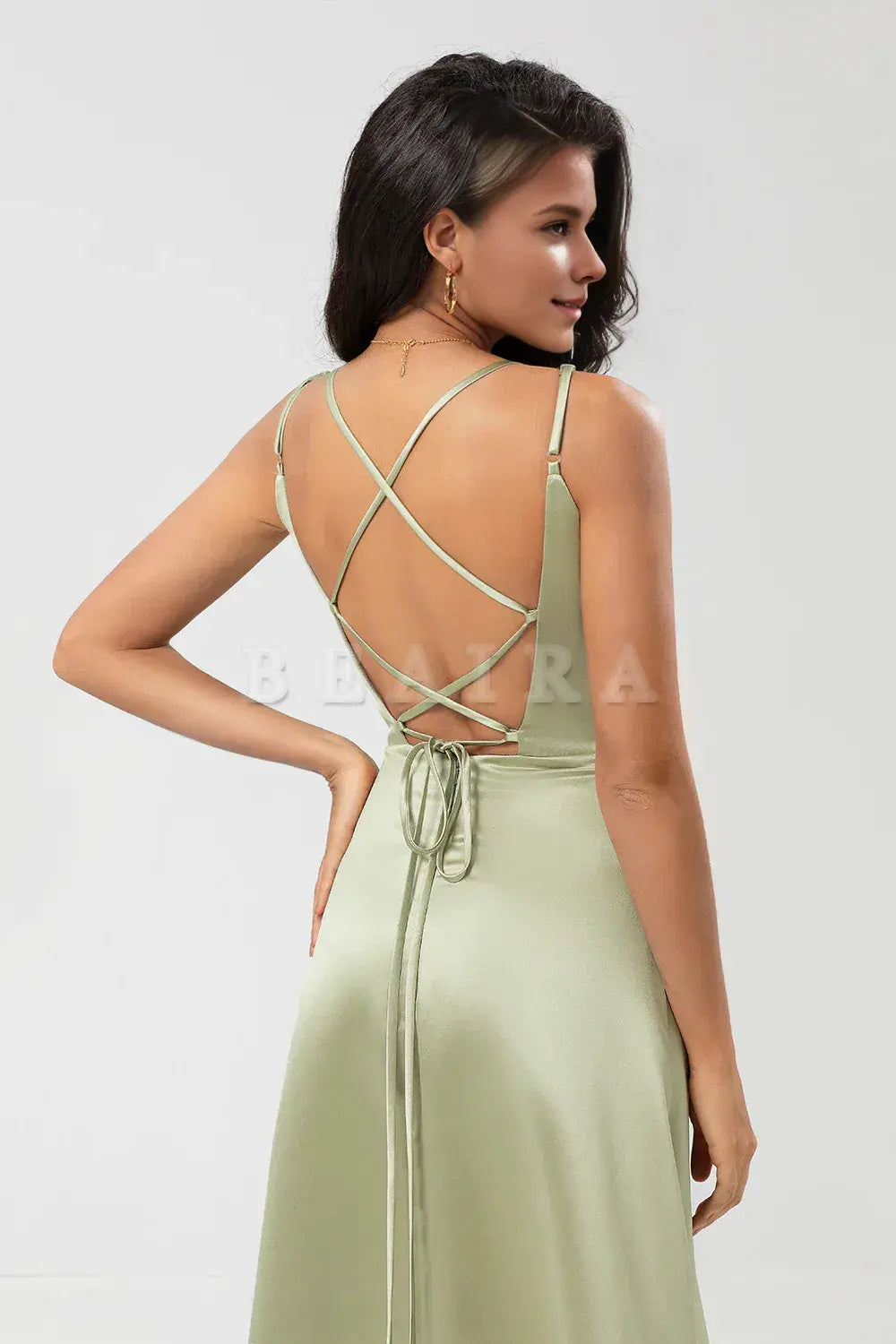 Beaira Dusty Sage A Line Spaghetti Straps Floor-Length Satin Bridesmaid Dress with Slit Bridesmaid dress shop