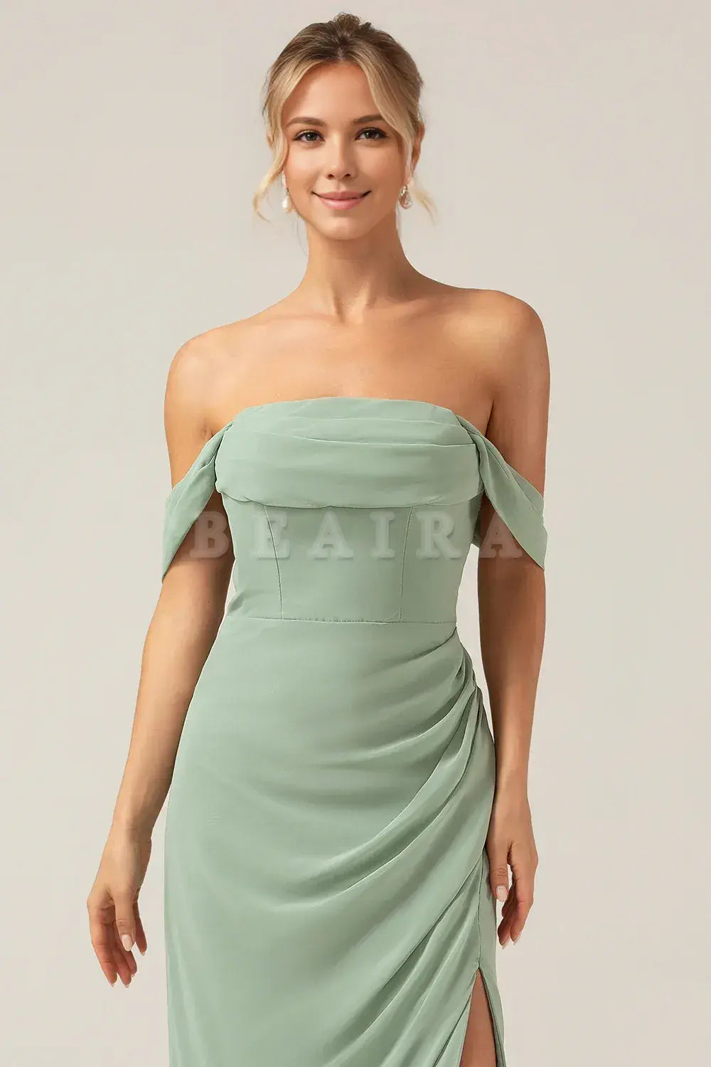 Beaira Dusty Sage Sheath Off the Shoulder Pleated Chiffon Bridesmaid Dress With Slit Bridesmaid dress shop