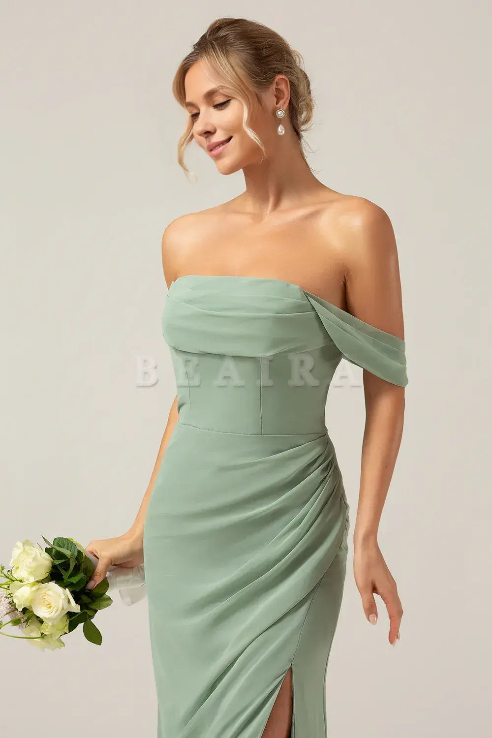 Beaira Dusty Sage Sheath Off the Shoulder Pleated Chiffon Bridesmaid Dress With Slit Bridesmaid dress shop