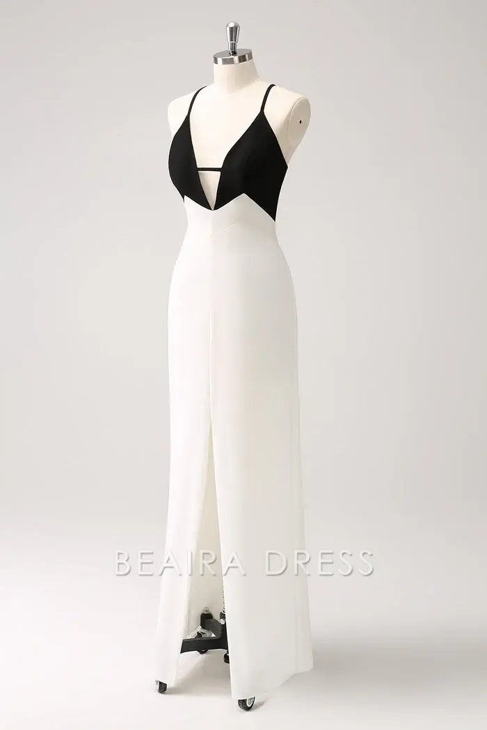 Beaira Elegance Black White Sheath Spaghetti Straps Long Prom Dress With Front Split - Black+White