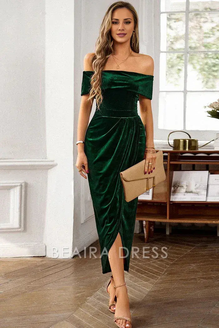 Beaira Elegance Dark Green Off the Shoulder Velvet Wrap Long Prom Dress - Dark Green