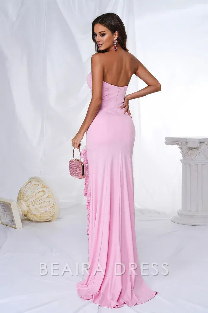 Beaira Elegance Pink Mermaid Strapless Ruffles Long Prom Dress with Slit - Pink