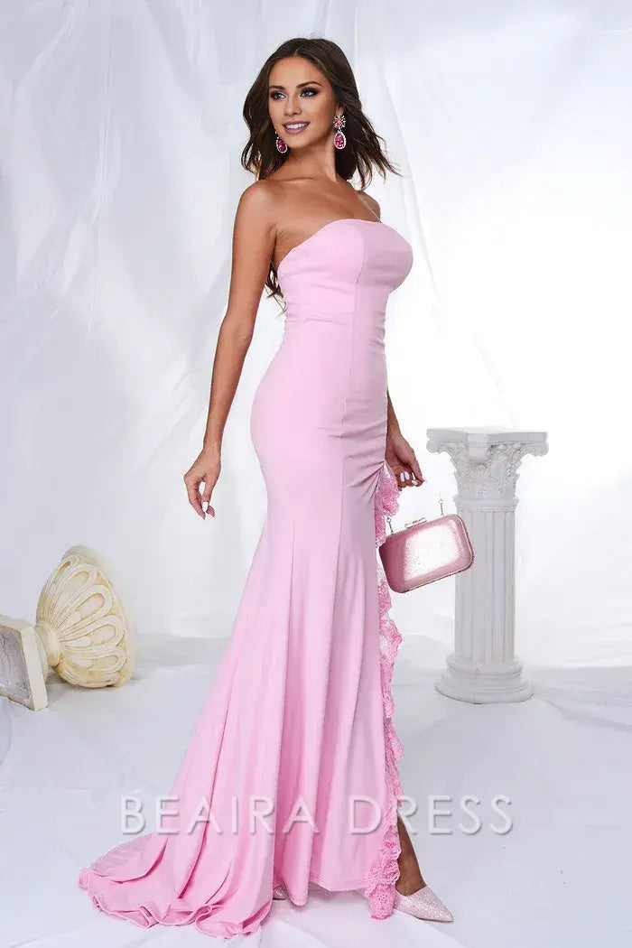 Beaira Elegance Pink Mermaid Strapless Ruffles Long Prom Dress with Slit - Pink