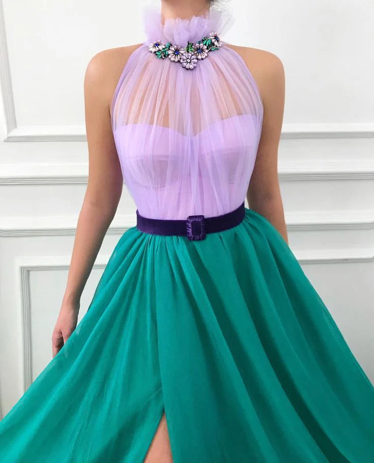 A Line Chiffon Open Back Halter Slit Tulle Long Cheap Prom Dresses