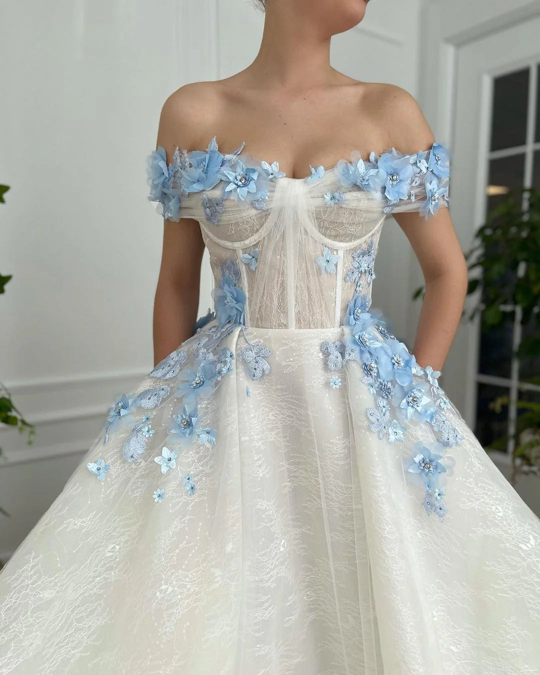 A Line Off The Shoulder Long Prom Dresses With Blue 3D Flower
