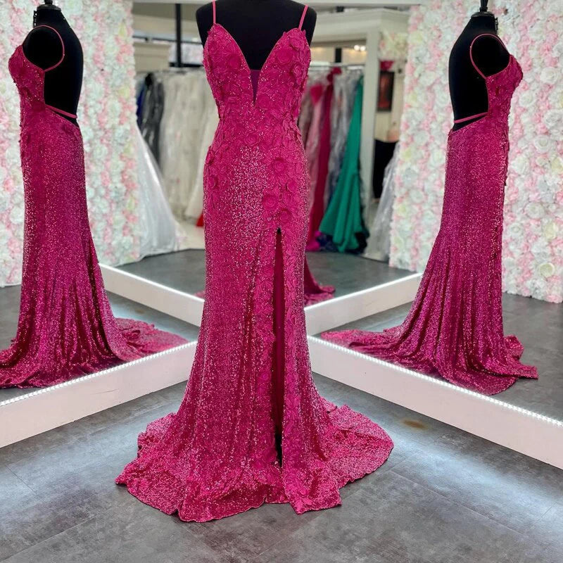 Elegant Foral Applique Prom Dresses Sequin Mermaid Backless Evening Dresses