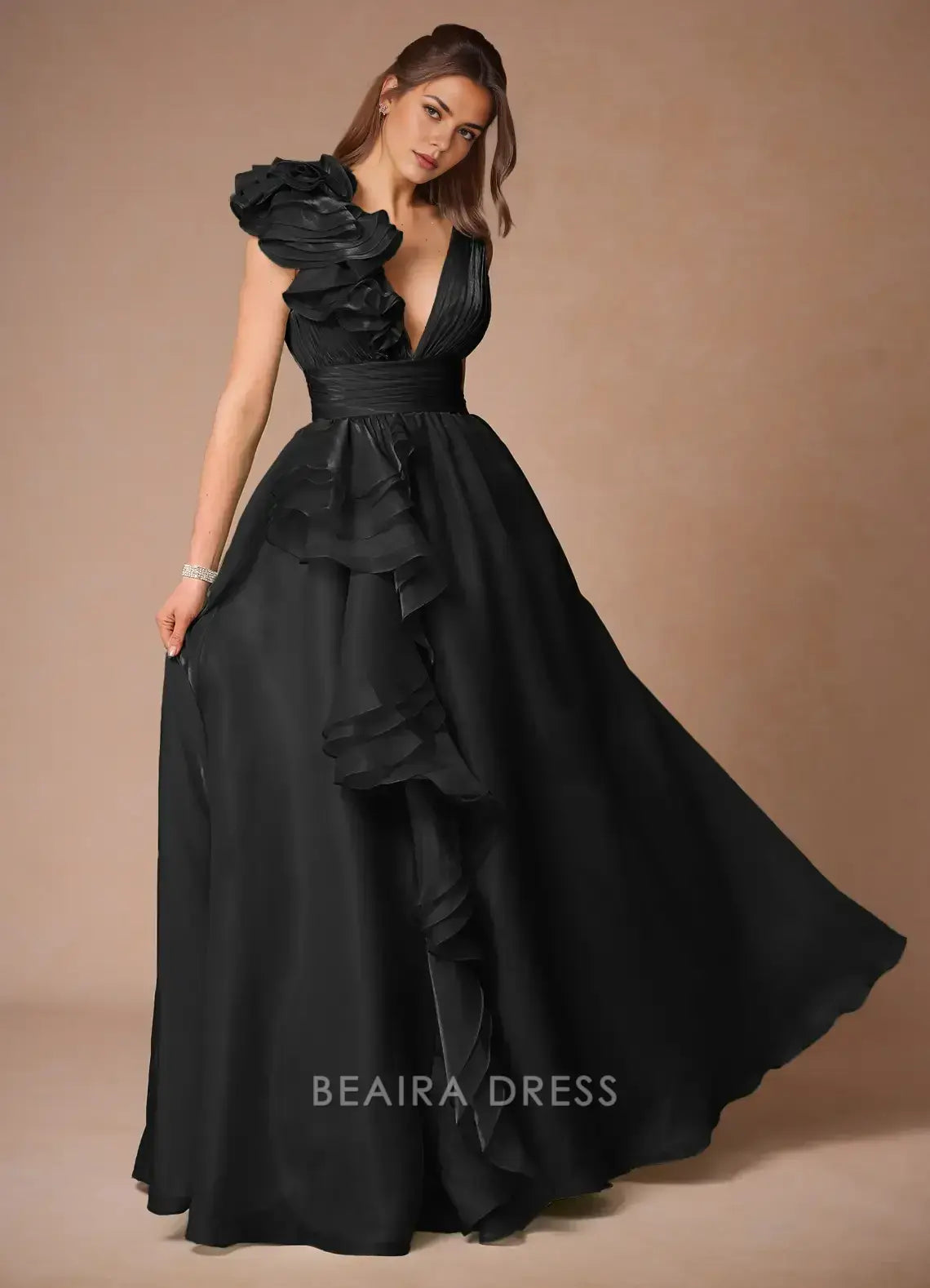 Elegant A-Line Deep V - Neck Ruffle Maxi Dress with Open Back Prom Dress