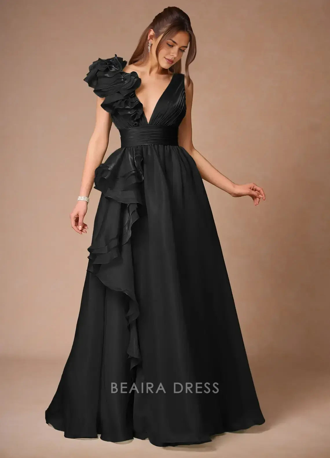 Elegant A-Line Deep V - Neck Ruffle Maxi Dress with Open Back Prom Dress
