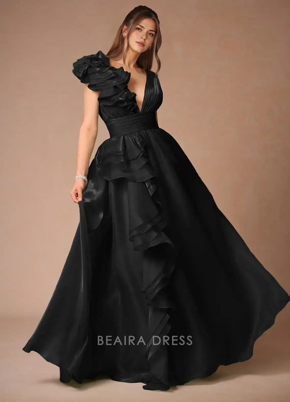 Elegant A-Line Deep V - Neck Ruffle Maxi Dress with Open Back Prom Dress