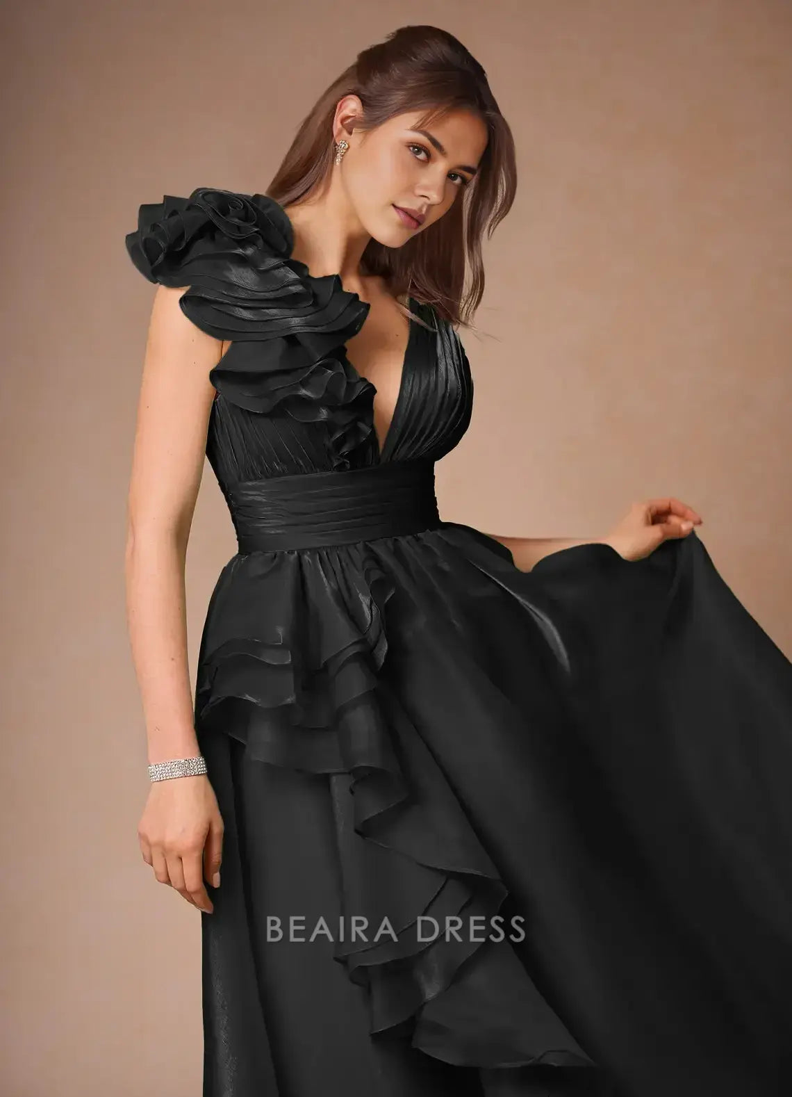 Elegant A-Line Deep V - Neck Ruffle Maxi Dress with Open Back Prom Dress