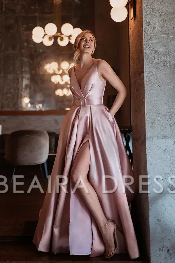 Elegant A-Line Deep V - Neck Satin Maxi Dress with Side Slit and Belt Prom Dress