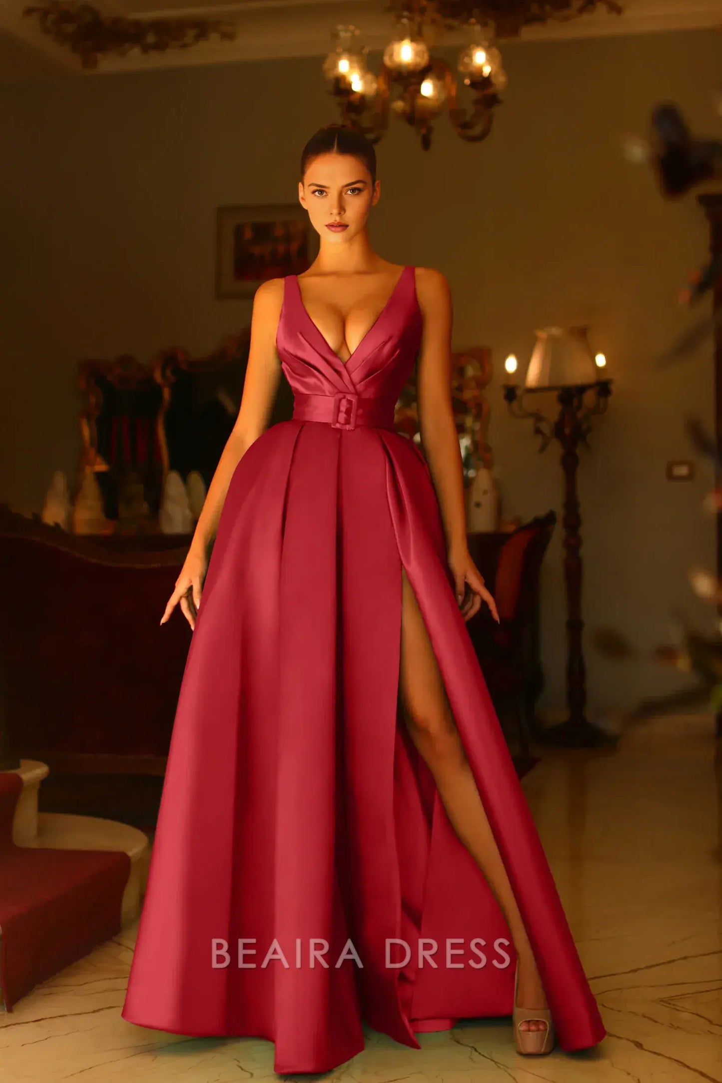 Elegant A-Line Deep V - Neck Satin Maxi Dress with Side Slit and Belt Prom Dress