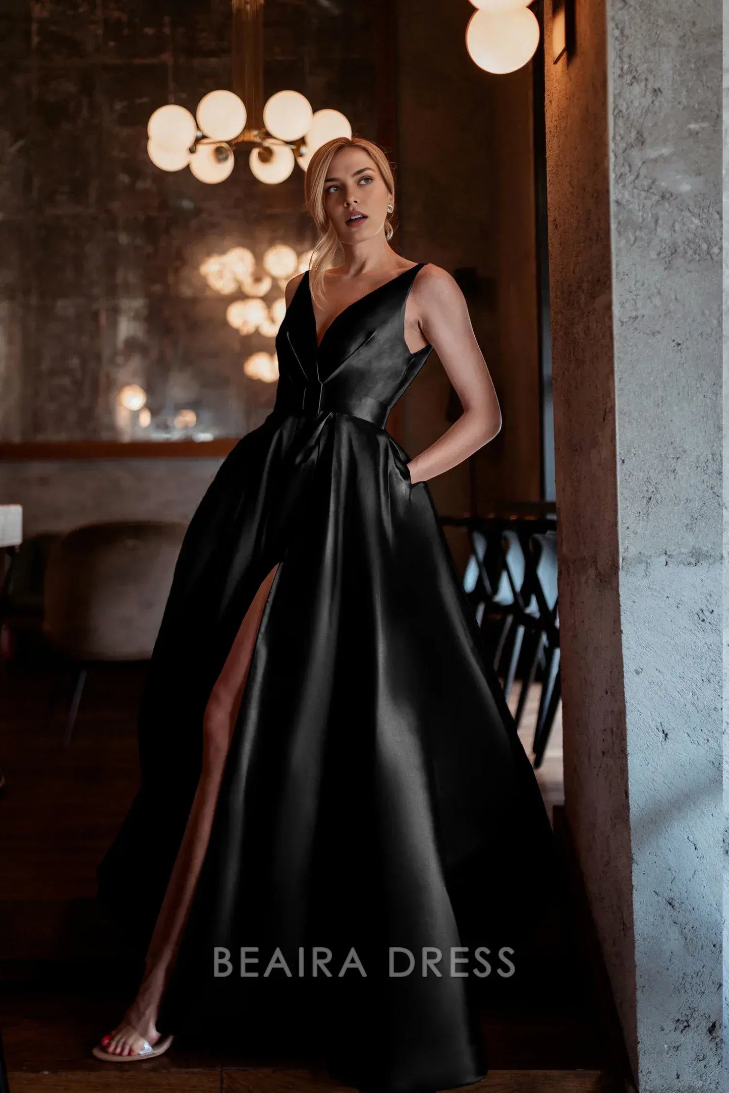Elegant A-Line Deep V - Neck Satin Maxi Dress with Side Slit and Belt Prom Dress