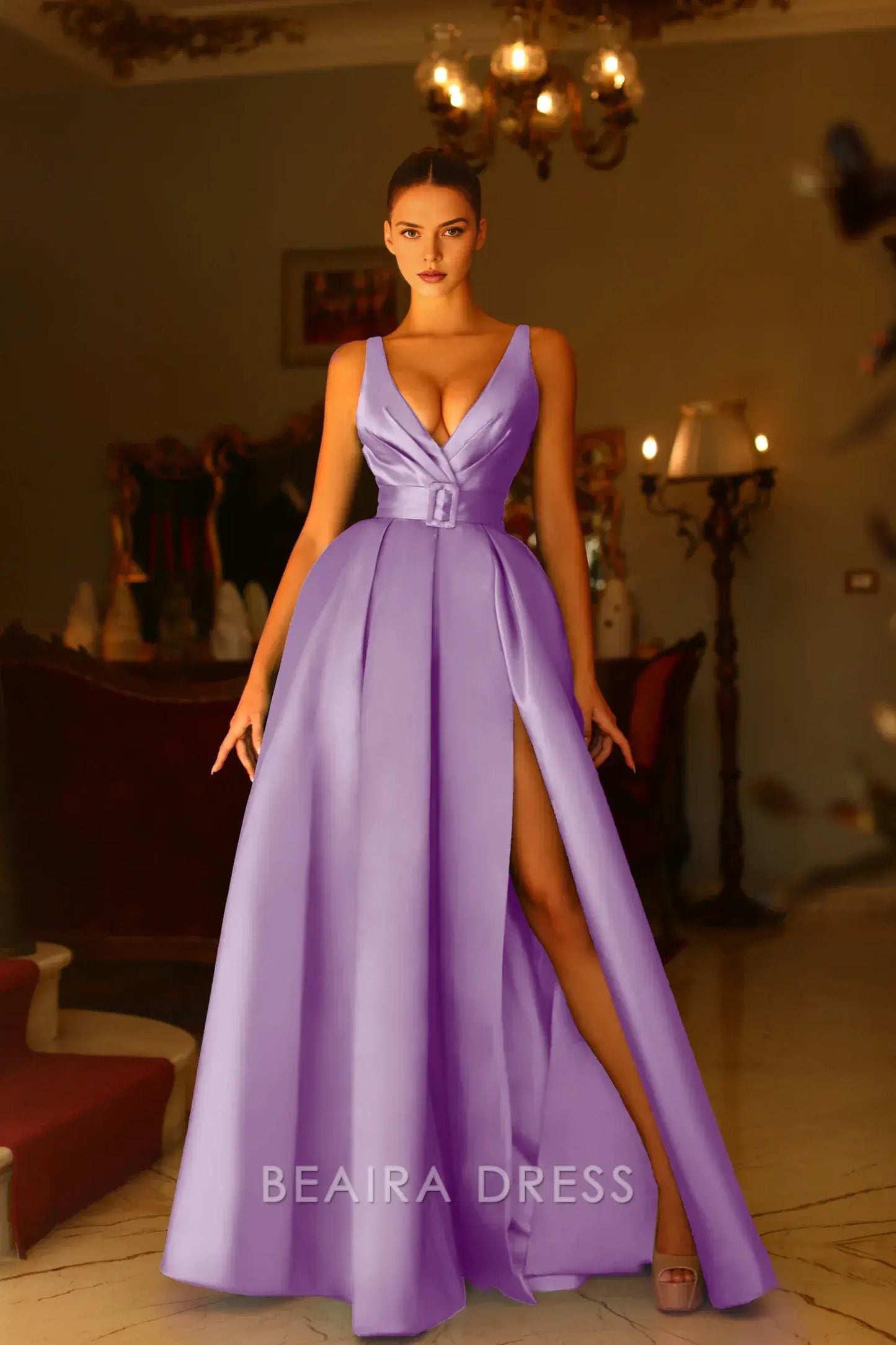 Elegant A-Line Deep V - Neck Satin Maxi Dress with Side Slit and Belt Prom Dress