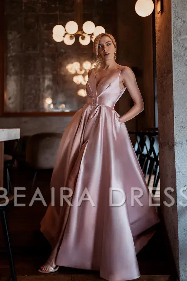 Elegant A-Line Deep V - Neck Satin Maxi Dress with Side Slit and Belt Prom Dress